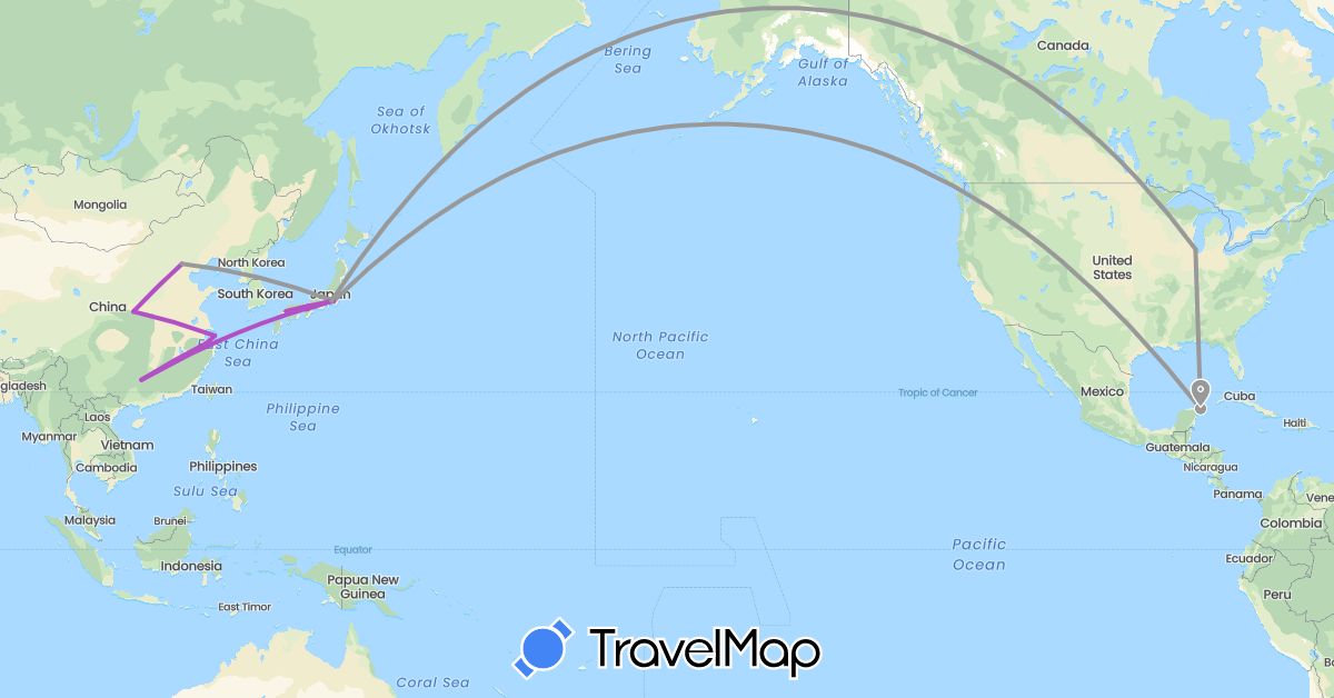 TravelMap itinerary: driving, plane, train in China, Japan, Mexico, United States (Asia, North America)